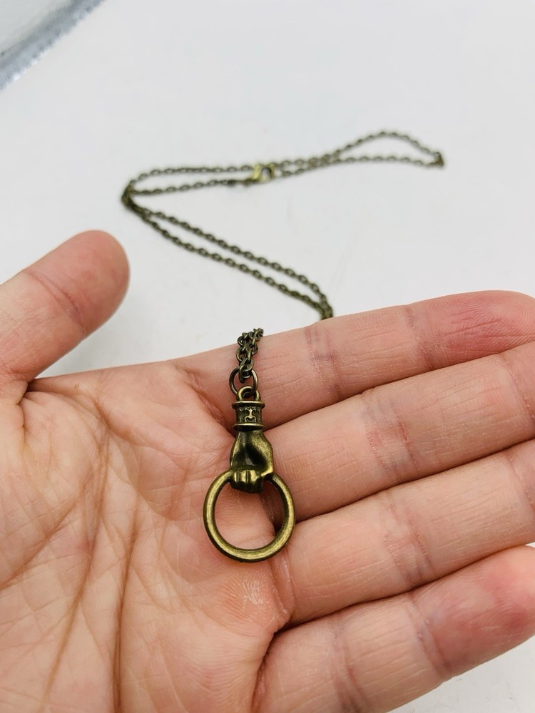 Vintage Victorian Style Hand Clasping Ring Door Knocker Bronze Tone 18” Necklace