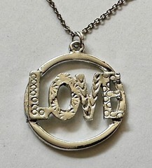 Love Vintage word Love silver metal charm pendant 1 1/4″ 60s 70s necklace 24″