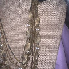 Multi 13 St Gold Tone Layered Necklace/Faux Pearls Bar Link,Curb Chains