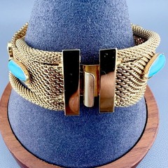 Vintage Mesh Bracelet Gold Tone Blue Cabochon Filigree 6.75”