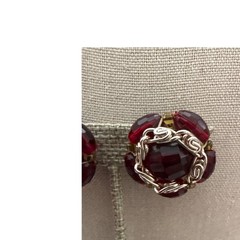 Vintage Ruby Red Faceted Glass Cluster Clip On Earrings Silver Tone Scrollwork