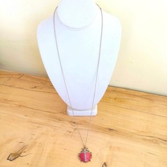 Scarab Beetle Pink-Coral Enamel Rhinestone Necklace Pendant Long Chain Charm
