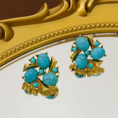Vintage Turquoise Gold Tone Necklace Bracelet & Earrings Set Statement Jewelry