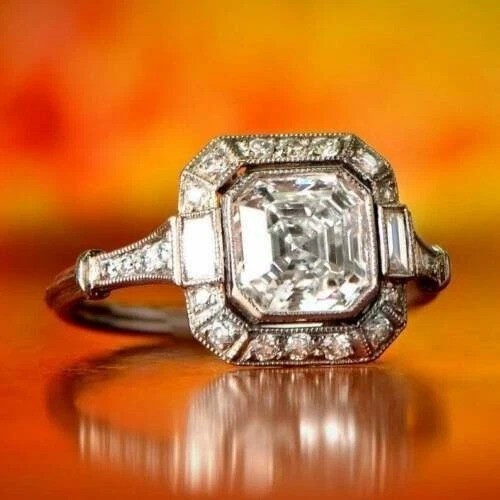 2.95Ct Art Deco Style Asscher Lab Created Diamond Wedding 14K White Gold FN Ring