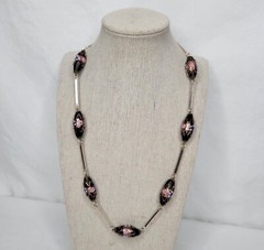 Vintage Venetian Glass Beaded Necklace Black Pink Blue Lampwork Beads Gold Tone