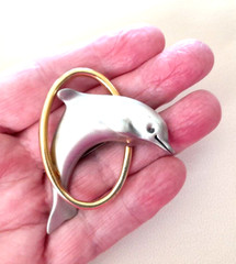 Vintage 1980’s FAF FaFard Pewter & 18K Gold Plated 2″ Jumping Dolphin Brooch Pin