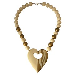 Gold Heart Statement Necklace, Cream Bead Chunky Jewelry, Gift for Her