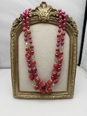 Vintage Japan Made Marked Pink & Red Three Strand Draping Beaded Necklace