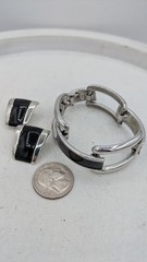 Vintage MONET Bracelet Earrings Set Black Enamel Silver Tone Modernist Demi Paru