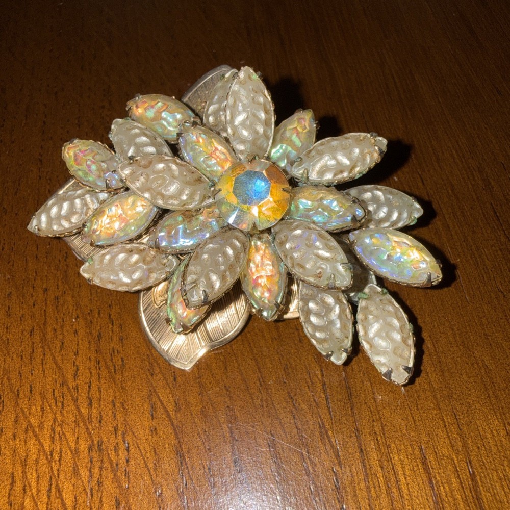 Vintage Iridescent Molded Glass Floral Brooch 1950s Amazing Glow. Czech Style
