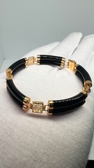 14K Yellow Gold Black Onyx Bracelet, Vintage Onyx Link Bracelet, Double Row Onyx