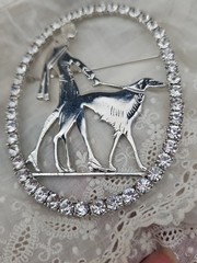 Vtg Vogue Art Deco 1920s Silver Lady Walking Borzoi Dog Brooch Pin Rhinestone