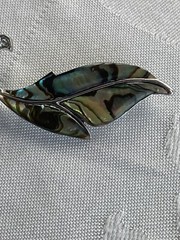 Vintage Abalone Shell Leaf Brooch Pin Clear Rhinestones Inlaid MCM Mermaidcore