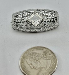 Art Deco Rectangle Clear Trillion Czech Art Glass Silvertone Filigree Brooch