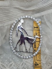 Vtg Vogue Art Deco 1920s Silver Lady Walking Borzoi Dog Brooch Pin Rhinestone