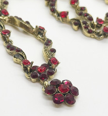 Vintage Rhinestone Necklace Red Crystal Gold Tone Flower Pendant JHS