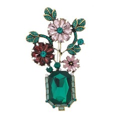Large Vintage Crystal Rhinestone Flowers in A Green Vase Brooches Pins for Women