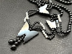 Vintage Butterfly Hematite and Mother of Pearl MOP Beaded Tassel Opera Long 32″