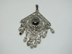 Beautiful Pendant Silver Tone Clear Rhinestones Gray Cabochon Dangles 3 1/4×2 1/