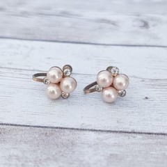 Vintage Screw Back Earrings Dainty Faux Pearl & Clear Gem Trio 0.5″