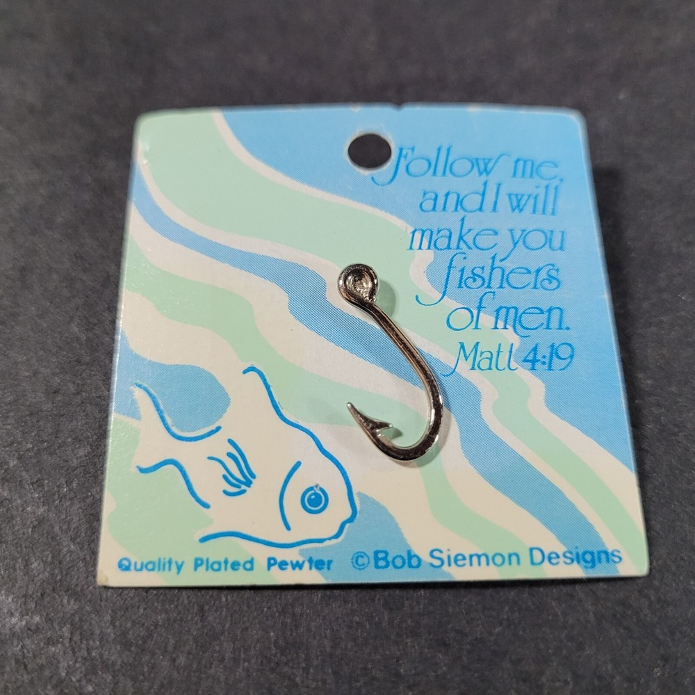 Fish Hook Hat Pin Bob Siemon Designs Plated Pewter with Rhinestone Matt 4:19 1″