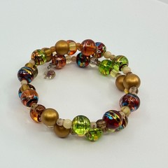 Vintage Gold Tone Lampwork Art Glass Beaded Coil Wrap Bracelet Chunky Boho 90s