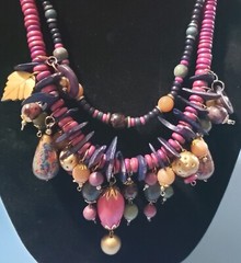 VTG Colored Wooden Beads Necklace Asymmetrical Statement 1990s Pink Blue Boho