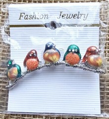 New 5 Birds On Branch Brooch Silvertone Costume Jewelry 2.5″