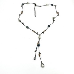 Vintage Y2K Gunmetal Blue Beaded Y-Necklace Tassel Drop Boho Aesthetic Classic