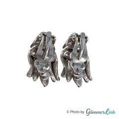 Vintage Floral Silver Tone Textured Mid-Century Clip On Earrings, Gift for Her