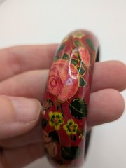 Vintage Russian Style Folk Art Hand Painted Floral Bangle Bracelet Red Laquer