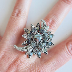 Adjustable Silver Tone Floral Rhinestone Statement Ring Smoky Crystal