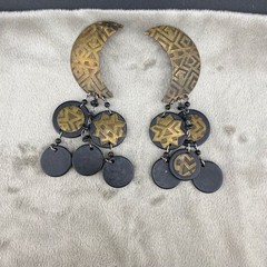 Vintage Clip On Earrings Moon Dangle Celestial Statement 80s