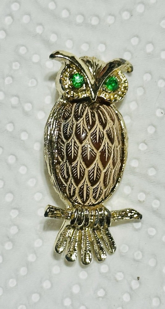 Vintage Owl Green Rhinestone eyes/Brown Belly Gold Tone Brooch/Pin