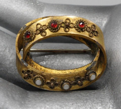 Antique Victorian Brooch Intertwined Ovals Rose Cut Red White Bezel Set Stones