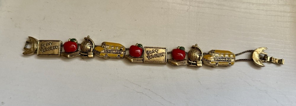 Vintage School Best Teacher Apple Goldtone Slider Charm Bracelet Bus Globe 7.5”