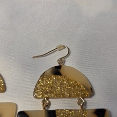 Half Moon Acrylic Resin Wire Earrings Blonde Tortoise Shell Gold Glitter Accents