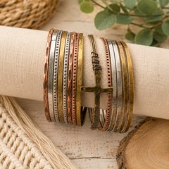 16 Vintage Boho Metal Bangle Bracelet Stack Cross Cuff Copper Brass Silver 16