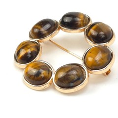 Vintage Genuine Tiger’s Eye Gold Tone Wreath Brooch Pin Round Cabochon Gemstone