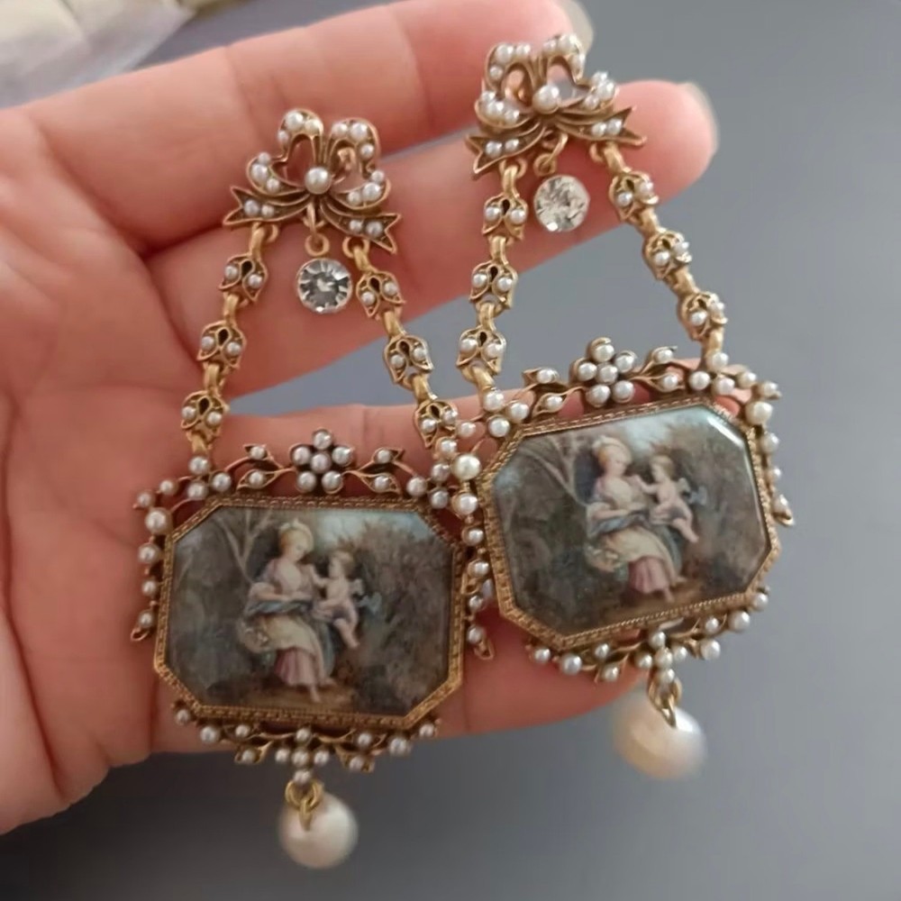 Vintage European Opulent Pearl Oil Painting Portrait Inlay Dangle Earrings Heavy
