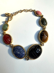 Vintage Multi Gemstone Egyptian Revival Scarab Link Bracelet Mid-Century Rainbow