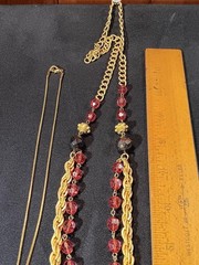 Two Vintage Gold Tone Necklaces Electric Red Pendant & Petal Rouge Bead J18