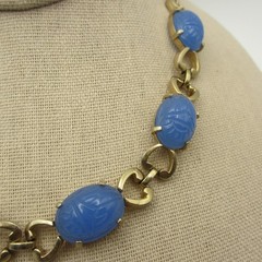 Vintage Scarab Necklace Egyptian Revival Blue Glass Gold Tone Choker 15 Inch