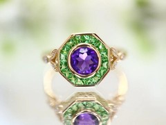 Art Deco Vintage Style Lab Created Amethyst & Emerald Wedding 14K Gold FN Ring