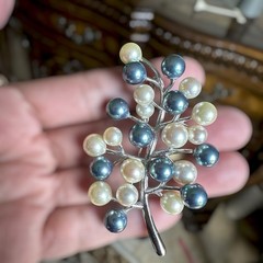 Vintage Artisan Brooch 2.9 Inch Faux Pearls Rhodium Plate Fine Silver 23.6g