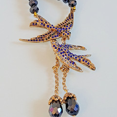Signed Lihangyuan Twin Flying Birds Necklace Blue Rhinestone Black Bead 5″ Drop