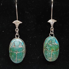 Vintage Egyptian Revival Scarab Earrings Dangle Drop Silver Tone