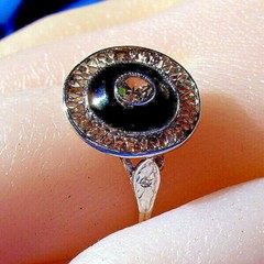 Original EARTH MINED DIAMOND Onyx Deco Engagement Ring Antique PLATINUM Filigree