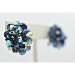 Vintage Crystal Clip On Earrings Deep Navy Blue AB Cluster Glamour 1950s A24