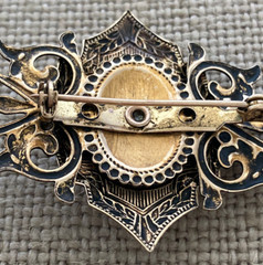Brooch Brass Cabochon Mood Moon Stone Filigree Floral Shield Vintage 60s